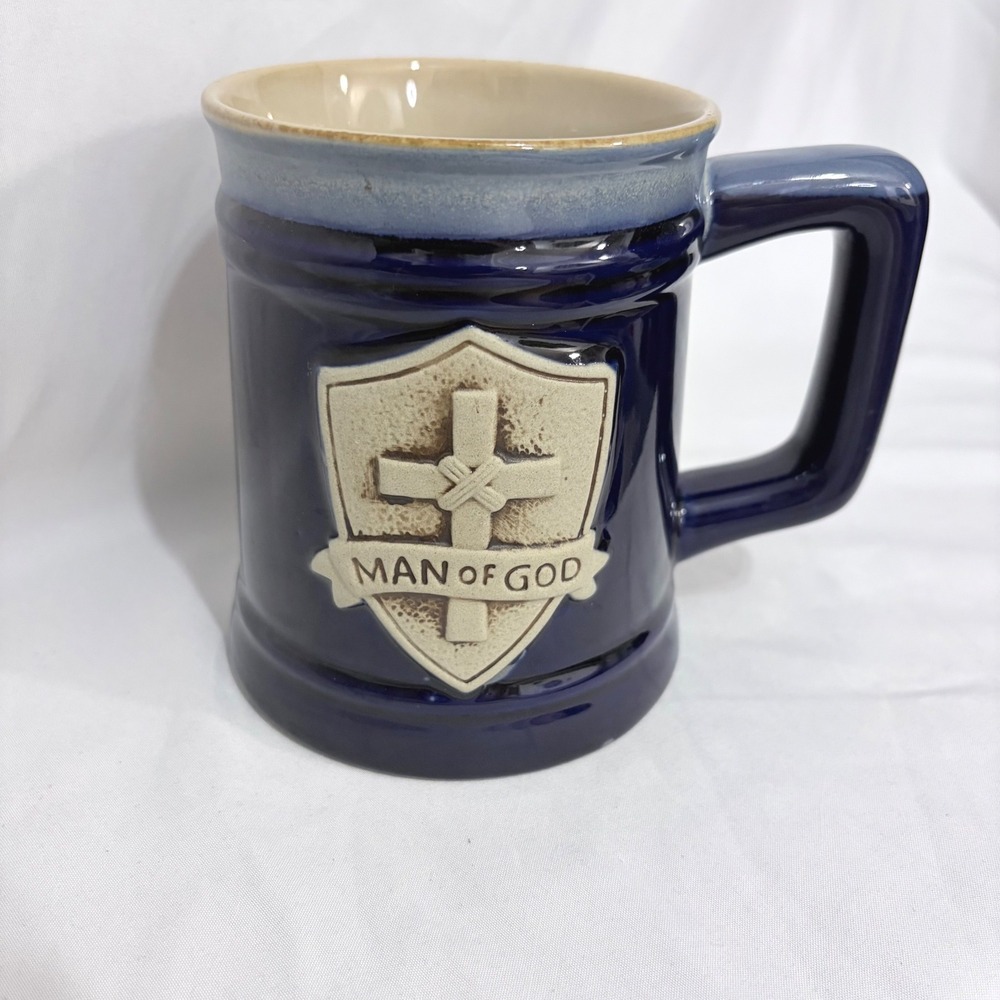 Burton + Burton Mug Man of God Shield Navy Blue Faith Not By Sight Religious OS